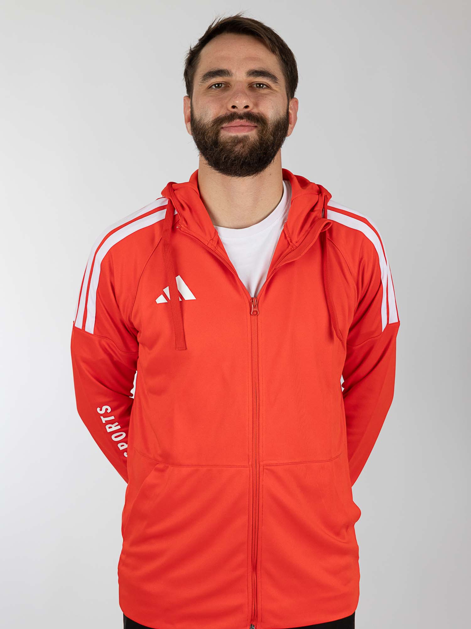 Sportjacke, Hoodie, Reissverschluss, Rot, Weiße Streifen