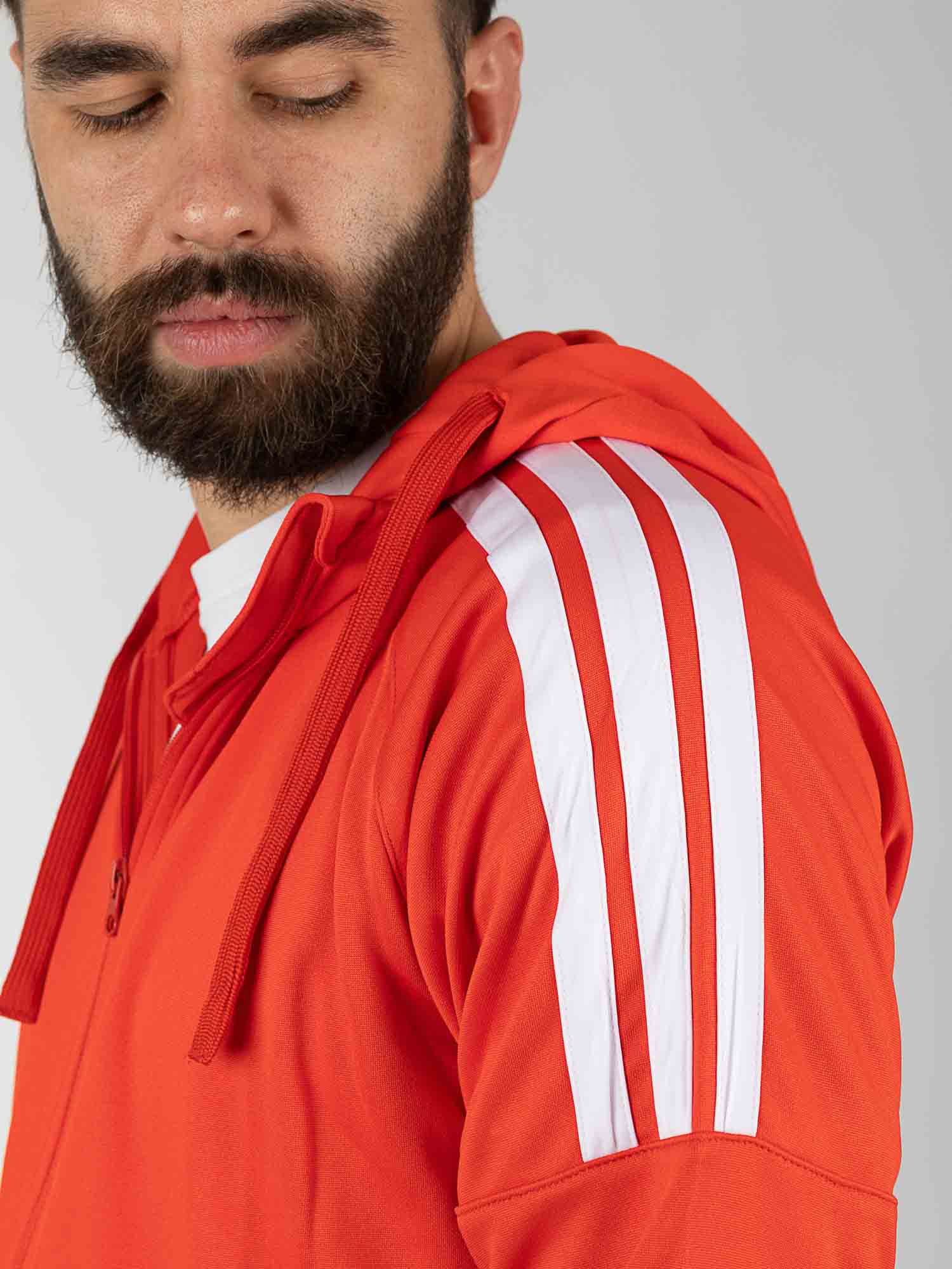 Hoodie, Sweatshirt, Hooded jacket, Orange, Striped sleeves