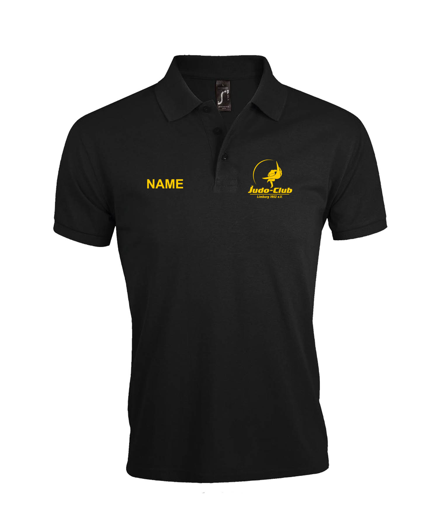 Polohemd, schwarz, Logodruck, Kurzarm, Name individuell, Polohemd, Schwarzes Polohemd, Judo-Club, Gelbes Logo, Namensaufdruck, Polo-Shirt, Schwarz, Logo-Print, Kurzarm, Namenslabel