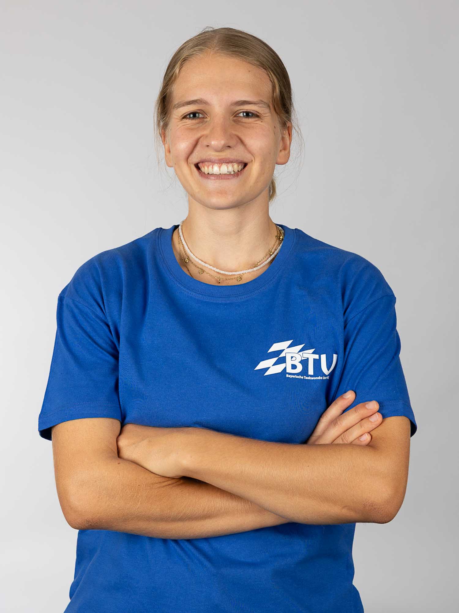 T-Shirt, Blau, Logo, Kurzarm, Verschränkte Arme